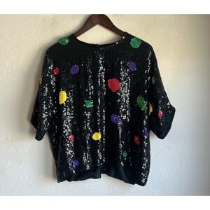 Vintage Tan-chho All Over Sequin Polka Dot Silk Top L Oversized Boxy Glam Party